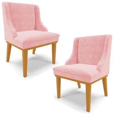Kit 2 Poltronas Decorativas Base Fixa De Madeira Firenze Suede Rosa Bebê/Castanho G19 - Gran Belo