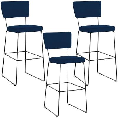 Kit 03 Banquetas Para Cozinha Sala De Jantar Base Em Aço Allana L02 Suede Azul Marinho