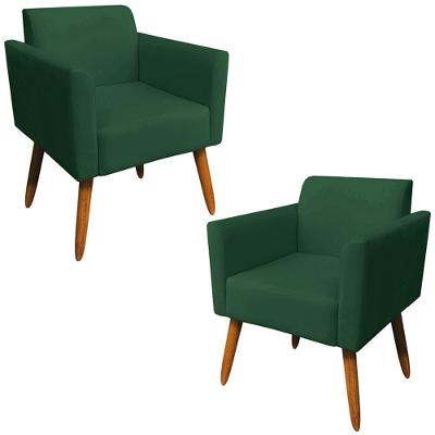 Kit 02 Poltronas Isabella Pés Palito Madeira Suede Verde