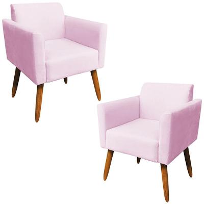 Kit 02 Poltronas Isabella Pés Palito Madeira Suede Rosa Bebê