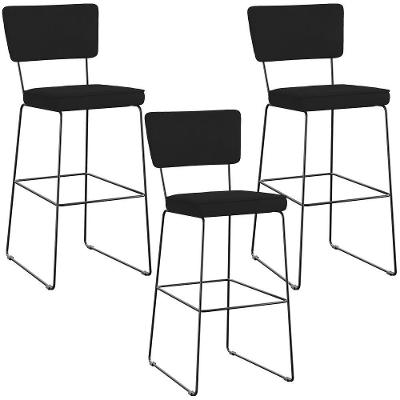 Kit 03 Banquetas Alta Para Cozinha Sala De Jantar Base Em Aço Allana L02 Suede Preto