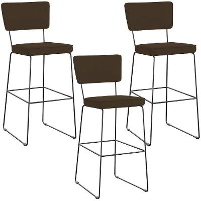 Kit 03 Banquetas Alta Para Cozinha Sala De Jantar Base Em Aço Allana L02 Suede Marrom