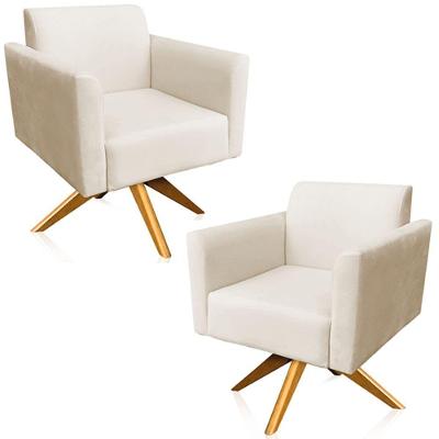 Kit 02 Poltronas Isabella Base Giratória Madeira Suede Bege
