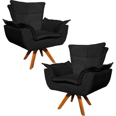 Kit 2 Poltronas Base Giratória Em Madeira Suede Preto