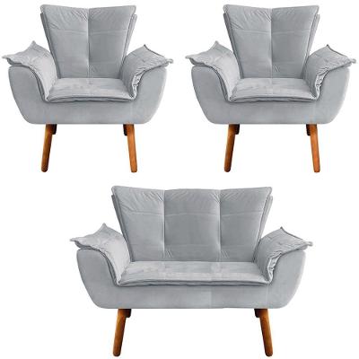 2 Poltronas E 1 Namoradeira Pés Palito Charger Veludo Cinza
