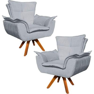Kit 2 Poltronas Base Giratória Em Madeira Suede Cinza