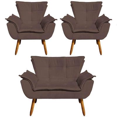 2 Poltronas E 1 Namoradeira Pés Palito Charger Suede Marrom