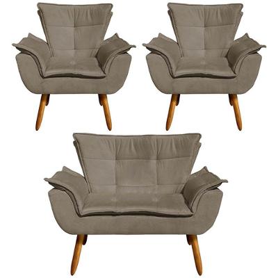 2 Poltronas E 1 Namoradeira Pés Palito Charger Suede Nude