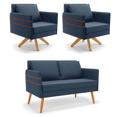 Kit 01 Namoradeira 02 Lugares E 02 Poltronas Mari Suede Azul Marinho Base De Madeira Ma30 - D'Rossi