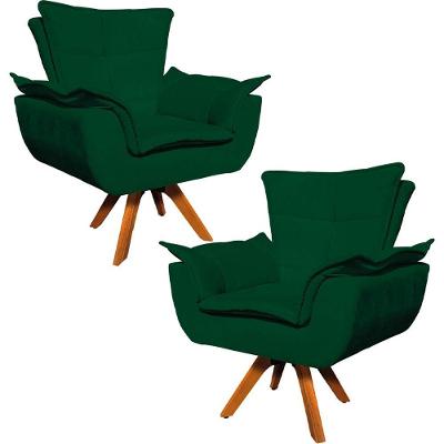 Kit 2 Poltronas Base Giratória Em Madeira Suede Verde