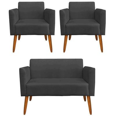 Namoradeira E 2 Poltronas Pés Palito Madeira Suede Preto