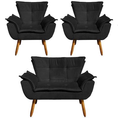 2 Poltronas E 1 Namoradeira Pés Palito Charger Suede Preto