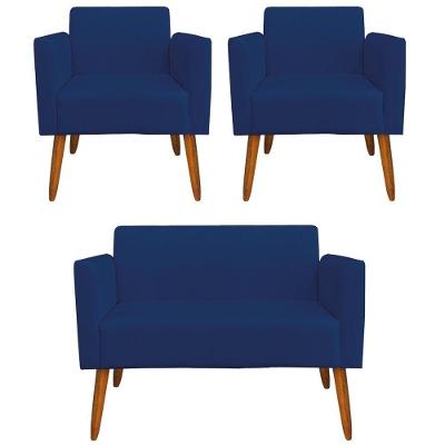 Namoradeira E 2 Poltronas Pés Palito Madeira Azul Marinho