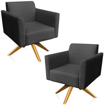 Kit 02 Poltronas Isabella Base Giratória Madeira Suede Preto
