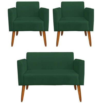 Namoradeira E 2 Poltronas Pés Palito Madeira Suede Verde