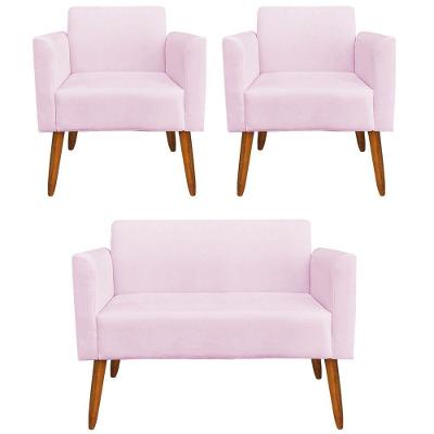 Namoradeira E 2 Poltronas Pés Palito Madeira Suede Rosa Bebê