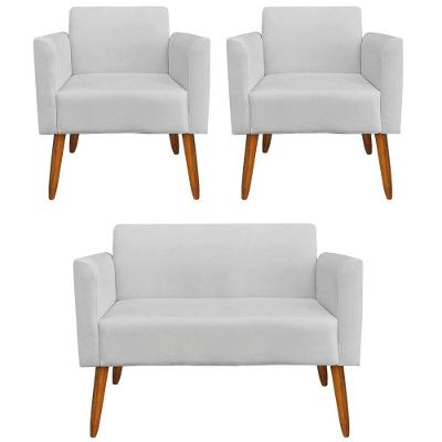 Namoradeira E 2 Poltronas Pés Palito Madeira Suede Cinza
