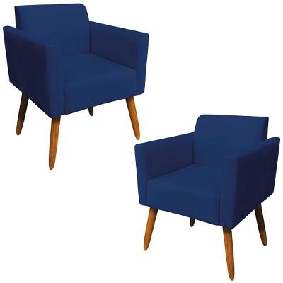 Kit 02 Poltronas Pés Palito Madeira Suede Azul Marinho