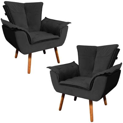 Kit 2 Poltronas Decorativas Pés Palito Charger Veludo Preto
