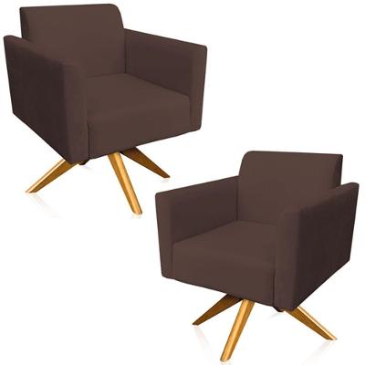 Kit 02 Poltronas Base Giratória Madeira Suede Marrom