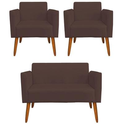 Namoradeira E 2 Poltronas Pés Palito Madeira Suede Marrom