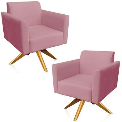 Kit 02 Poltronas Isabella Base Giratória Madeira Suede Rosê