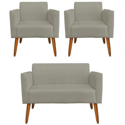 Namoradeira E 2 Poltronas Pés Palito Madeira Suede Nude