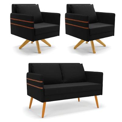 Kit 01 Namoradeira 02 Lugares E 02 Poltronas Mari Suede Preto Base De Madeira Ma30 - D'Rossi