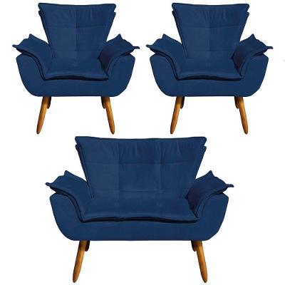 2 Poltronas E 1 Namoradeira Pés Palito Suede Azul Marinho