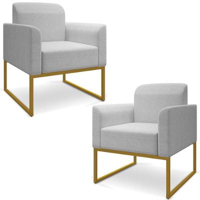 Kit 2 Poltronas Decorativas Linho Cinza/Dourado