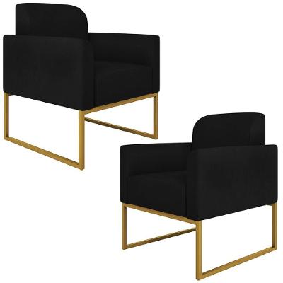 Kit 2 Poltronas Decorativas Suede Preto/Dourado
