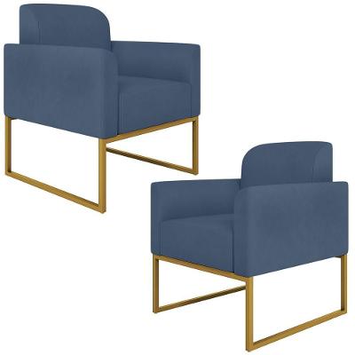 Kit 2 Poltronas Decorativas Suede Azul Marinho/Dourado