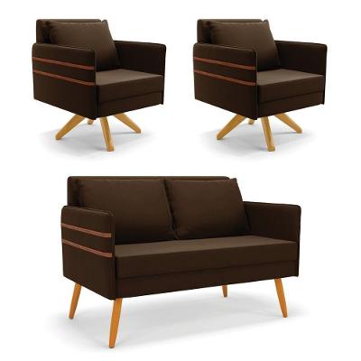 Kit 01 Namoradeira 02 Lugares E 02 Poltronas Mari Suede Base De Madeira Ma30 - D'Rossi Marrom