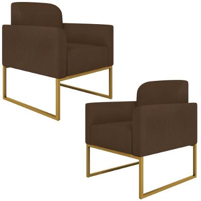 Kit 2 Poltronas Decorativas Suede Marrom/Dourado
