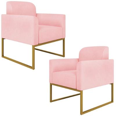 Kit 2 Poltronas Decorativas Suede Rosa Bebê/Dourado