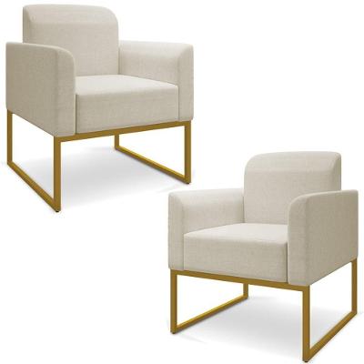 Kit 2 Poltronas Decorativas Linho Bege/Dourado