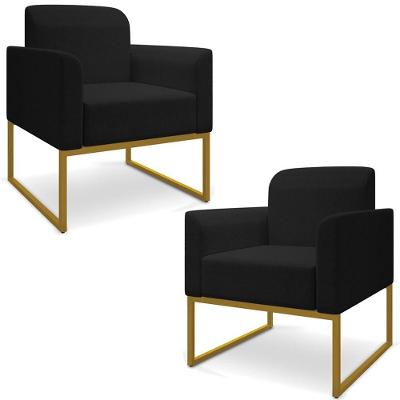 Kit 2 Poltronas Decorativas Linho Preto/Dourado