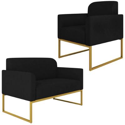 Conjunto Namoradeira E Poltrona Suede Preto/Dourado