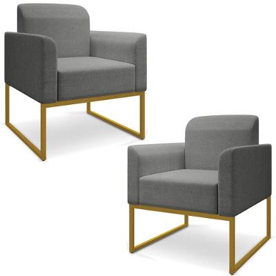 Kit 2 Poltronas Decorativas Linho Grafite/Dourado