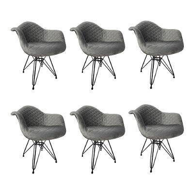 Kit 6 Poltronas Jantar Estofadas Cinza Base Ferro Preto Cinza