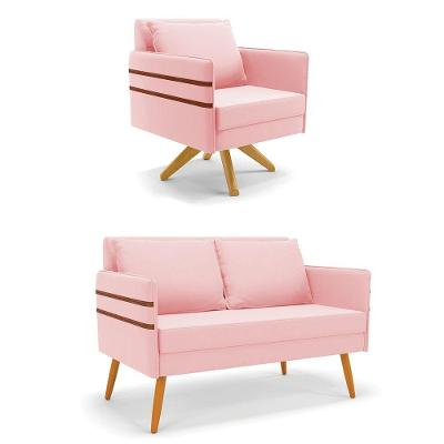 Kit 01 Namoradeira 02 Lugares E 01 Poltrona Mari Suede Rosa Bebê Base De Madeira Ma30 - D'Rossi