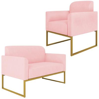 Conjunto Namoradeira E Poltrona Suede Rosa Bebê/Dourado