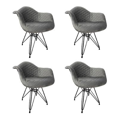 Kit 4 Poltronas Jantar Estofadas Cinza Base Ferro Preto Cinza