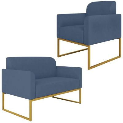 Conjunto Namoradeira E Poltrona Suede Azul Marinho/Dourado