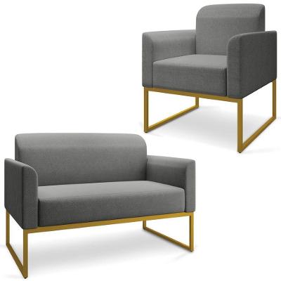 Conjunto Namoradeira E Poltrona Linho Grafite/Dourado