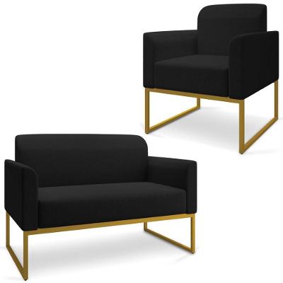 Conjunto Namoradeira E Poltrona Linho Preto/Dourado