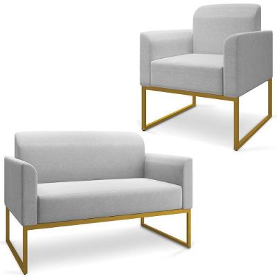 Conjunto Namoradeira E Poltrona Linho Cinza/Dourado