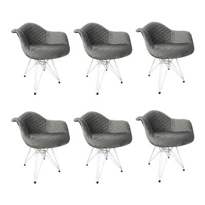 Kit 6 Poltronas Jantar Estofadas Cinza Base Ferro Branco Cinza