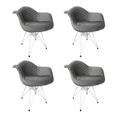Kit 4 Poltronas Jantar Estofadas Cinza Base Ferro Branco Cinza