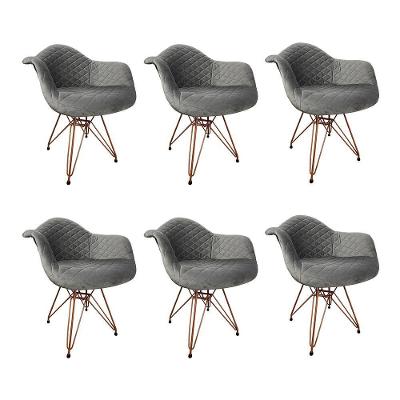 Kit 6 Poltronas Jantar Estofadas Cinza Base Cobre Cinza